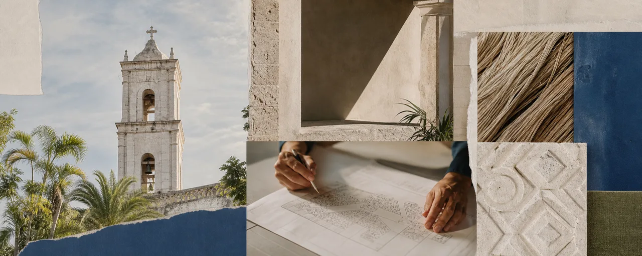 Collage editorial de arquitectura, materiales regionales y planeación en Yucatán